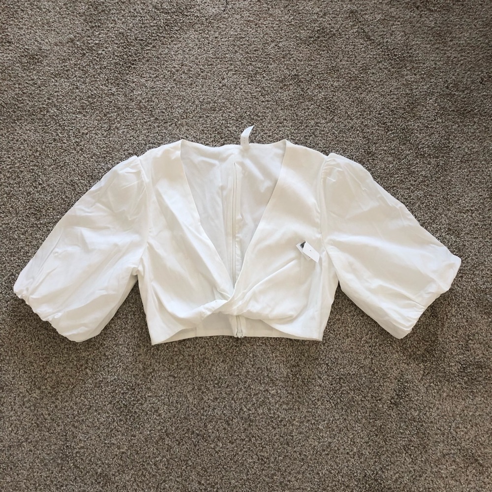 White Bubble Sleeve Crop Top